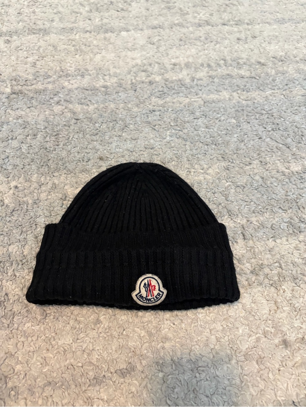 Moncler Black Ribbed Knit Beanie Hat Logo Patch Wool Cuffed Winter Cap Unisex OS